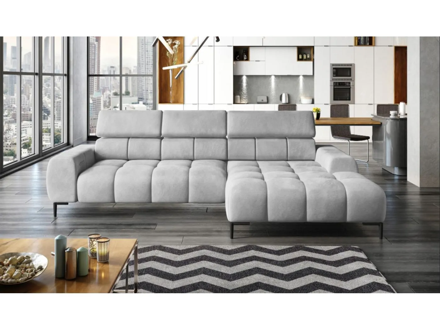 PlazaMINI Polsterecke L-Form Rechts, Ecksofa mit Schlaffunktion, 3-Sitzer, verstellbare Kopfstützen, Stoff: SALVADOR, 177x270x99 cm, Silber