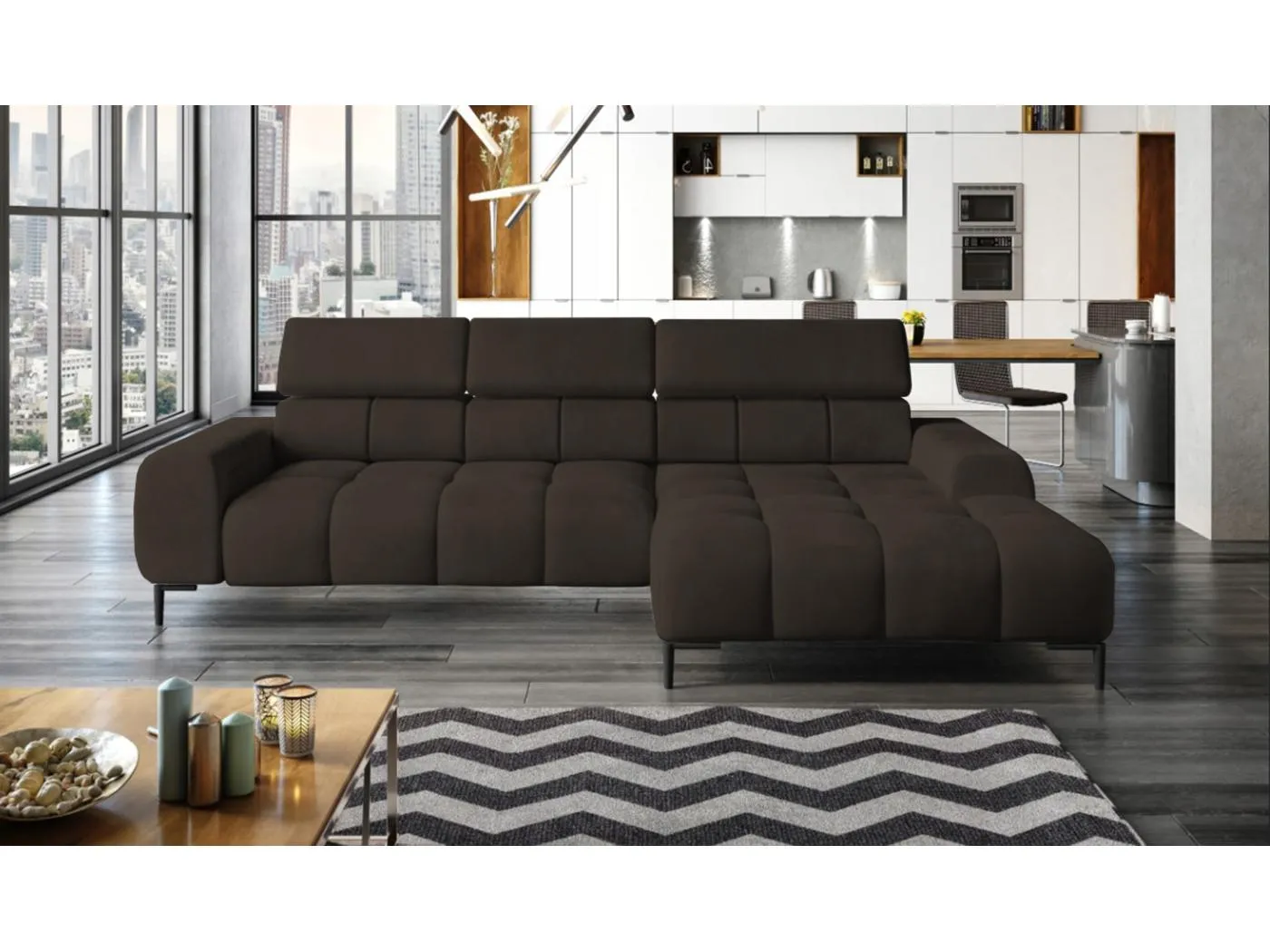 PlazaMINI Polsterecke L-Form Rechts, Ecksofa mit Schlaffunktion, 3-Sitzer, verstellbare Kopfstützen, Stoff: SALVADOR, 177x270x99 cm, Dunkelbraun