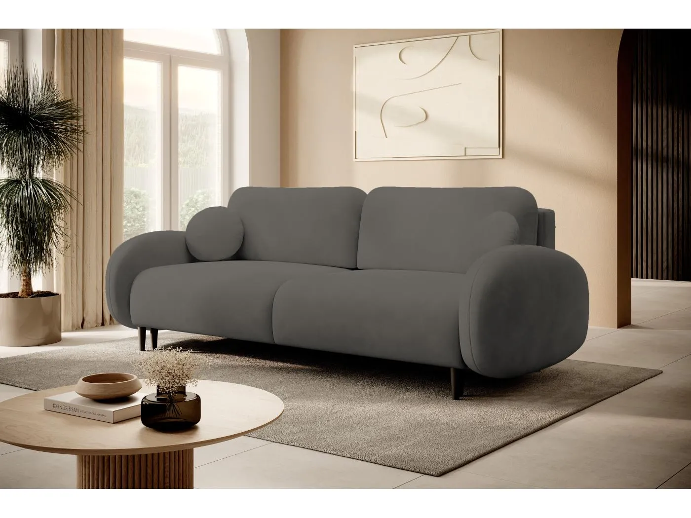 Zweisitzer-Sofa SOFT, Schlafsofa, Stauraum, 2 Kissen, moderner Stil, 232x95x109 cm, Farbe: DUNKELGRAU