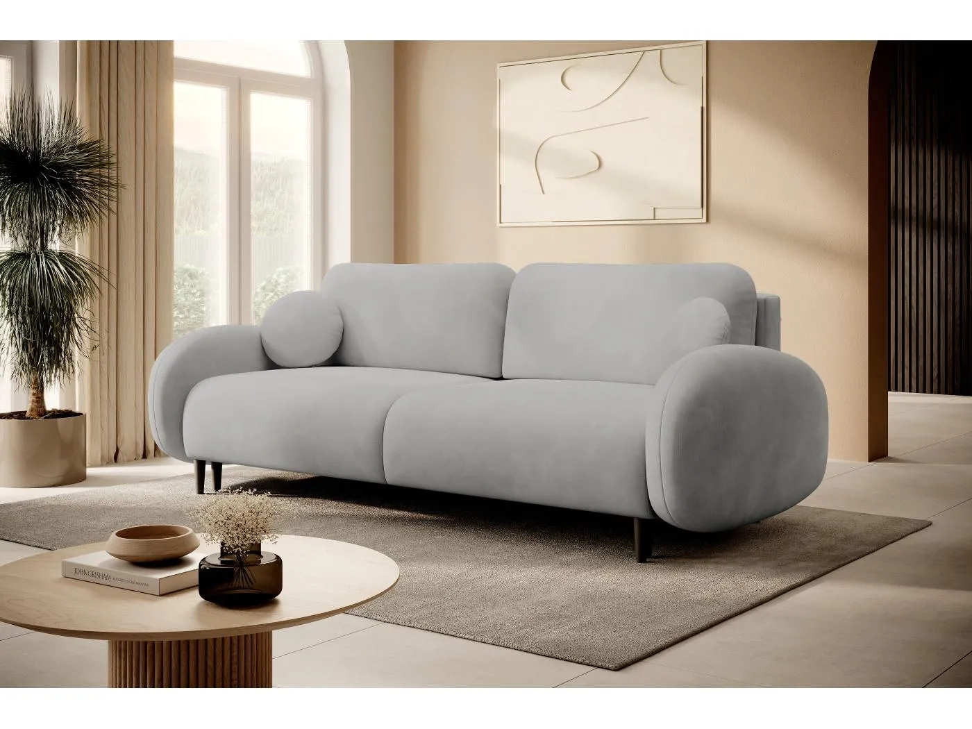 Zweisitzer-Sofa SOFT, Schlafsofa, Stauraum, 2 Kissen, moderner Stil, 232x95x109 cm, Farbe: HELLGRAU