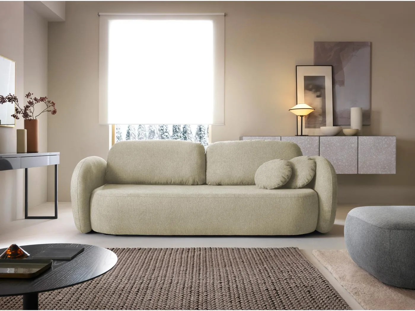 Sofa OLIO Schlafsofa mit Bettkasten, Dekokissen, Klappfunktion, skandinavisches Design, Farbe: BEIGE