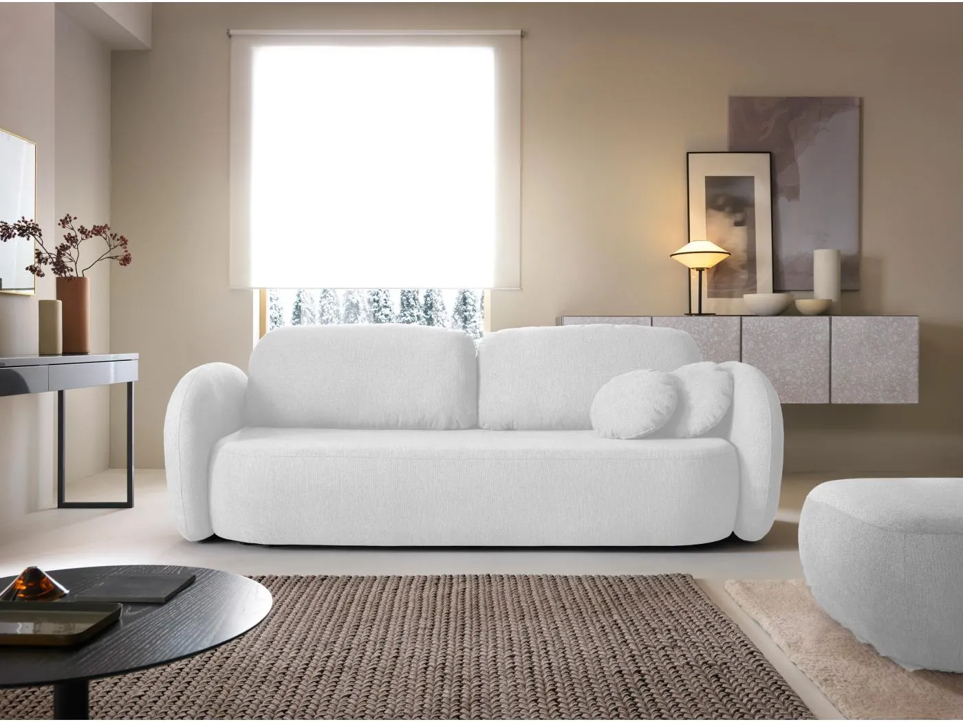 Sofa OLIO Schlafsofa mit Bettkasten, Dekokissen, Klappfunktion, skandinavisches Design, Farbe: ASHE