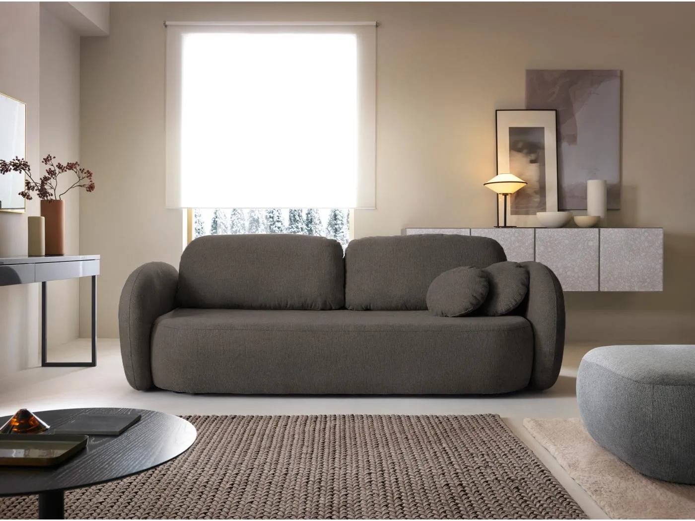 Sofa OLIO Schlafsofa mit Bettkasten, Dekokissen, Klappfunktion, skandinavisches Design, Farbe: ANTHRAZIT