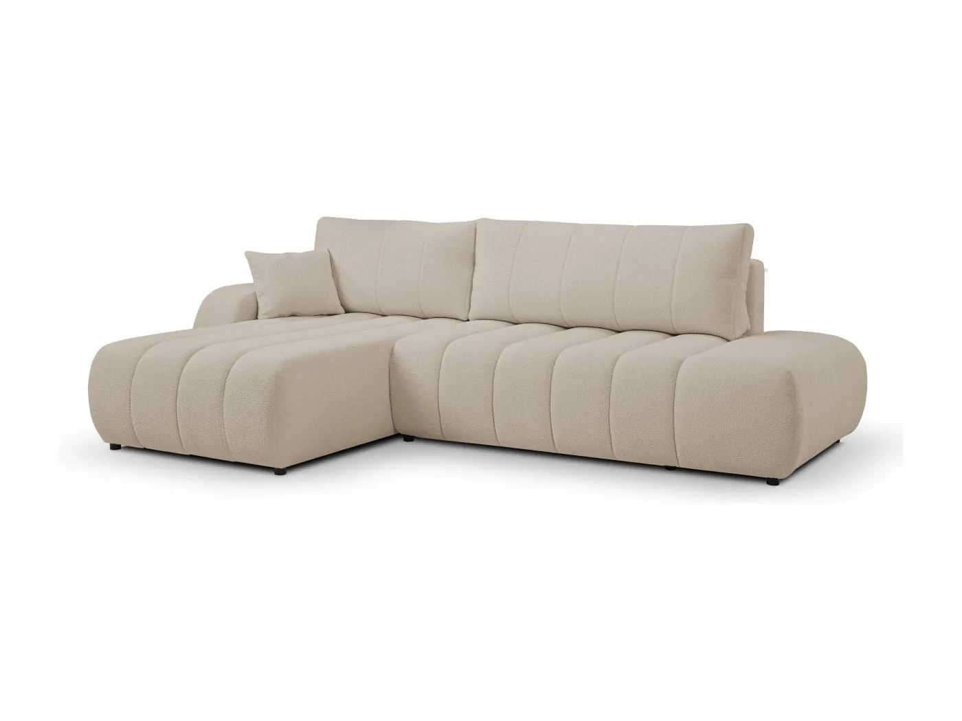 Couch mit Schlaffunktion und Bettkasten, komfortable Polsterung, Stoffbezug, Dekokissen, links, 276x88x176 cm, beige