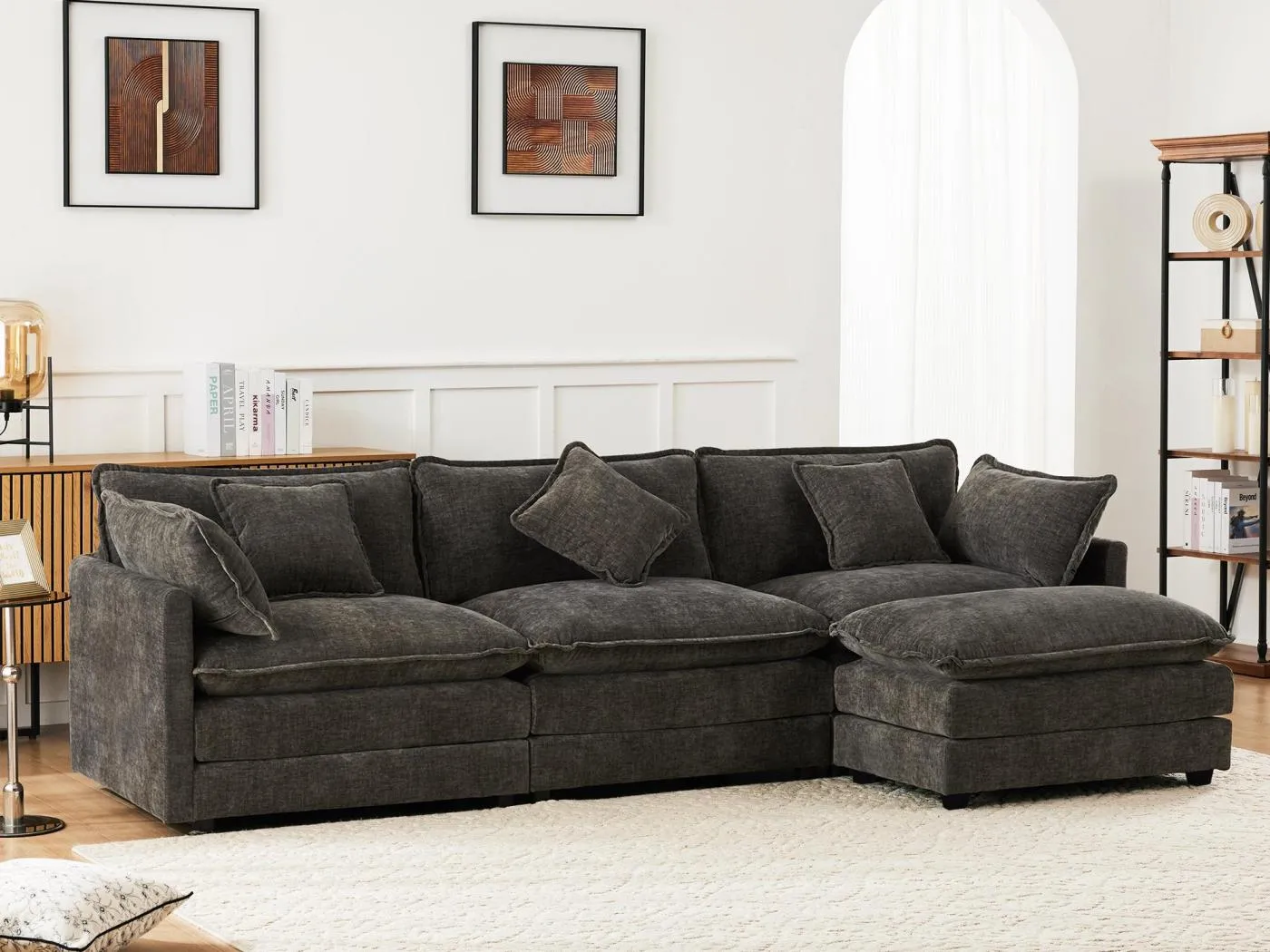 3-Sitzer-Ecksofa aus Chenille - mit modularer Fußstütze - Grau