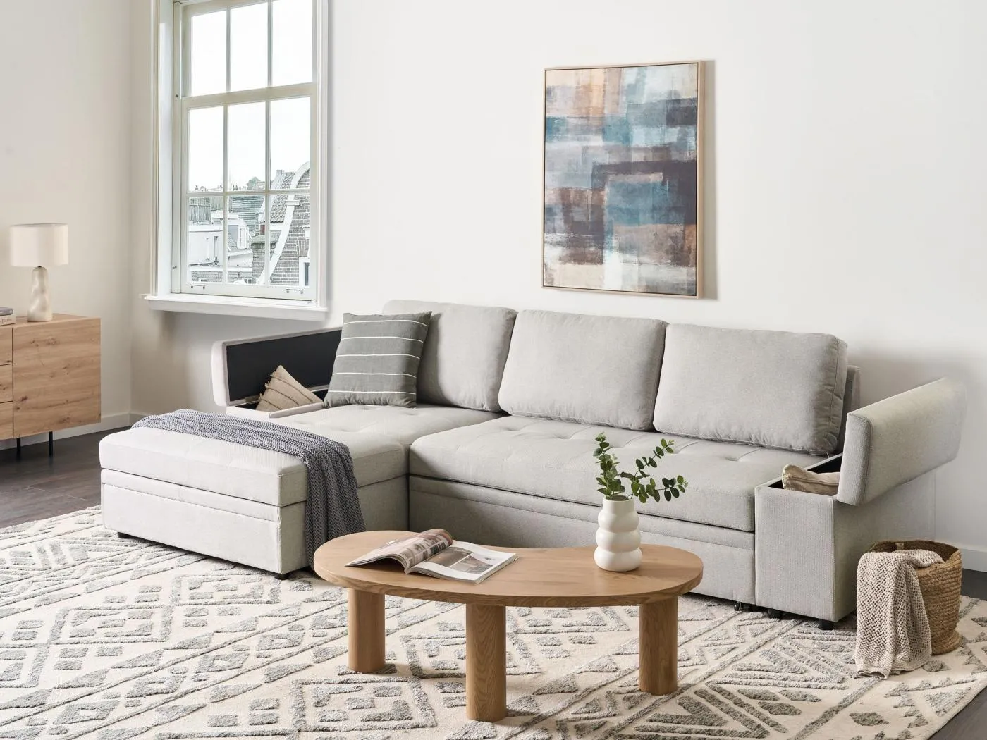 3-Sitzer Ecksofa Leinenoptik hellgrau rechts Schlaffunktion Strauraum Hirsley