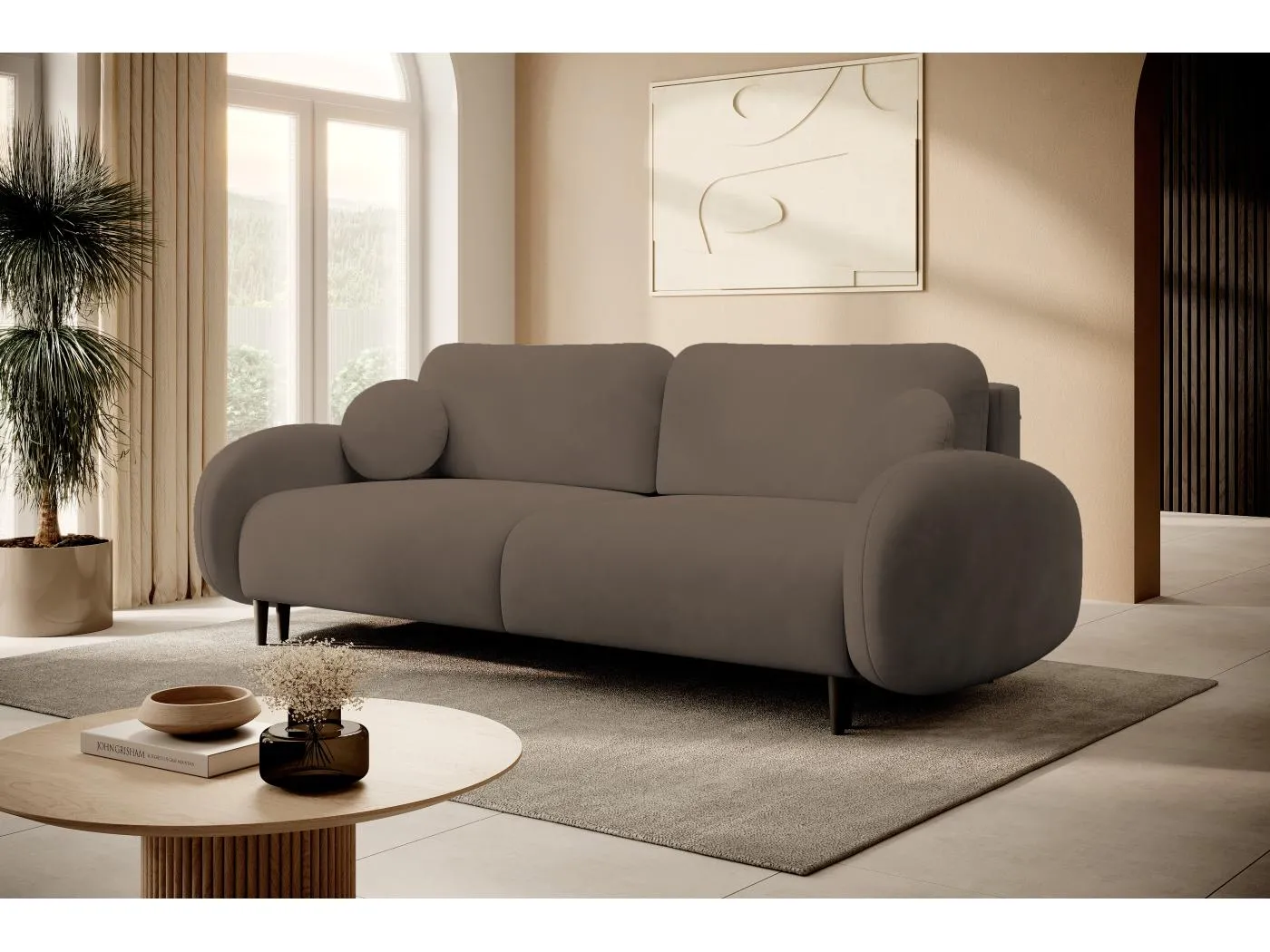 Zweisitzer-Sofa SOFT, Schlafsofa, Stauraum, 2 Kissen, moderner Stil, 232x95x109 cm, Farbe: CAPPUCCINO