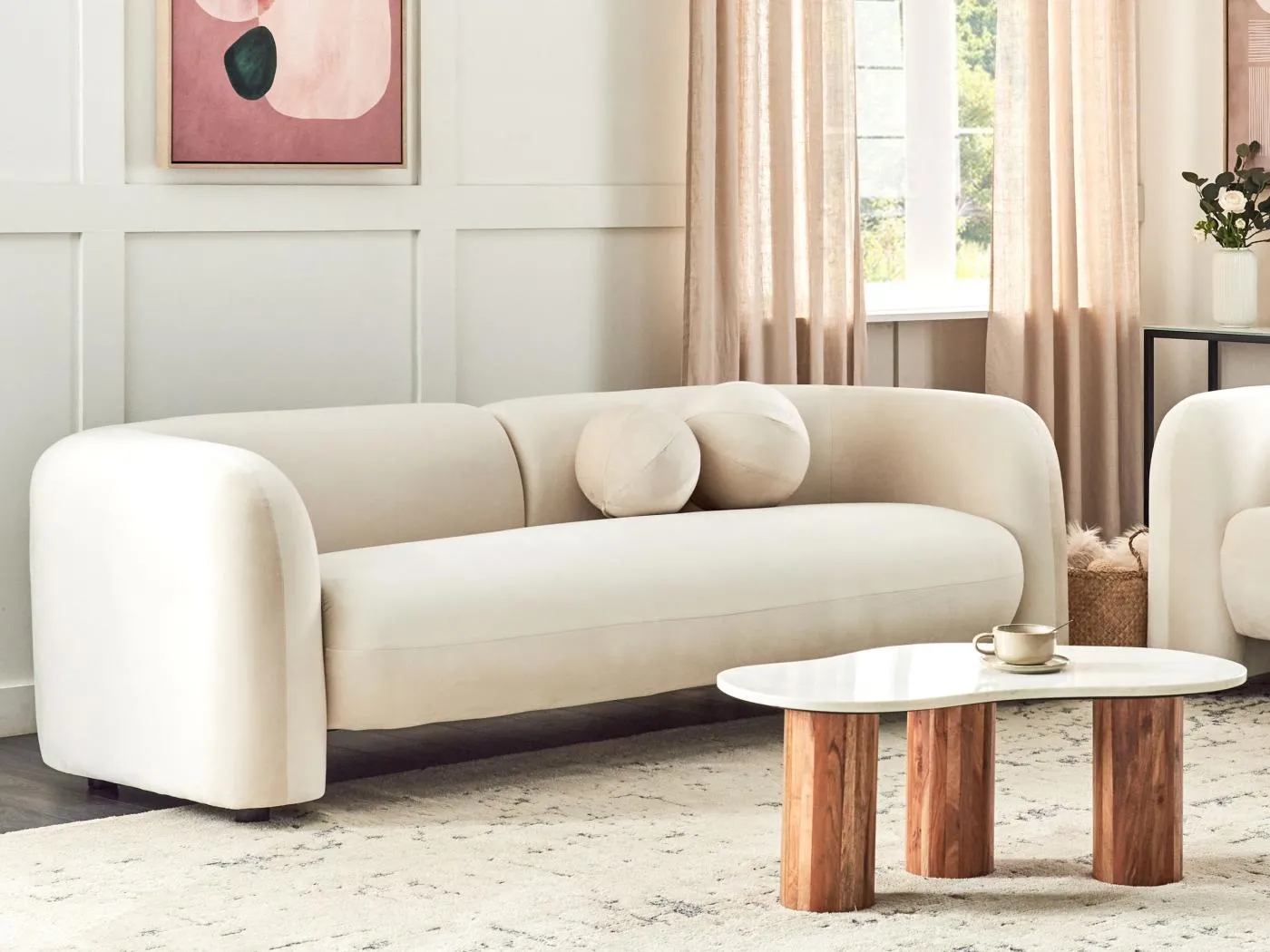 Sofa LEIREN Samtstoff Cremeweiss 3-Sitzer