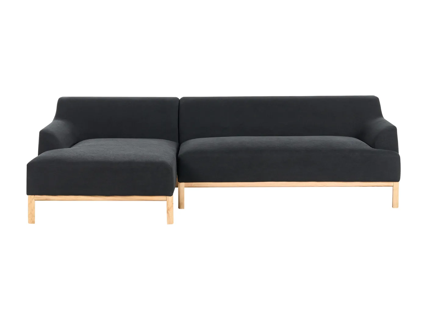 3-Sitzer Ecksofa Stoffbezug schwarz mit Chaiselounge rechts hohe Holzbeine Sosjo