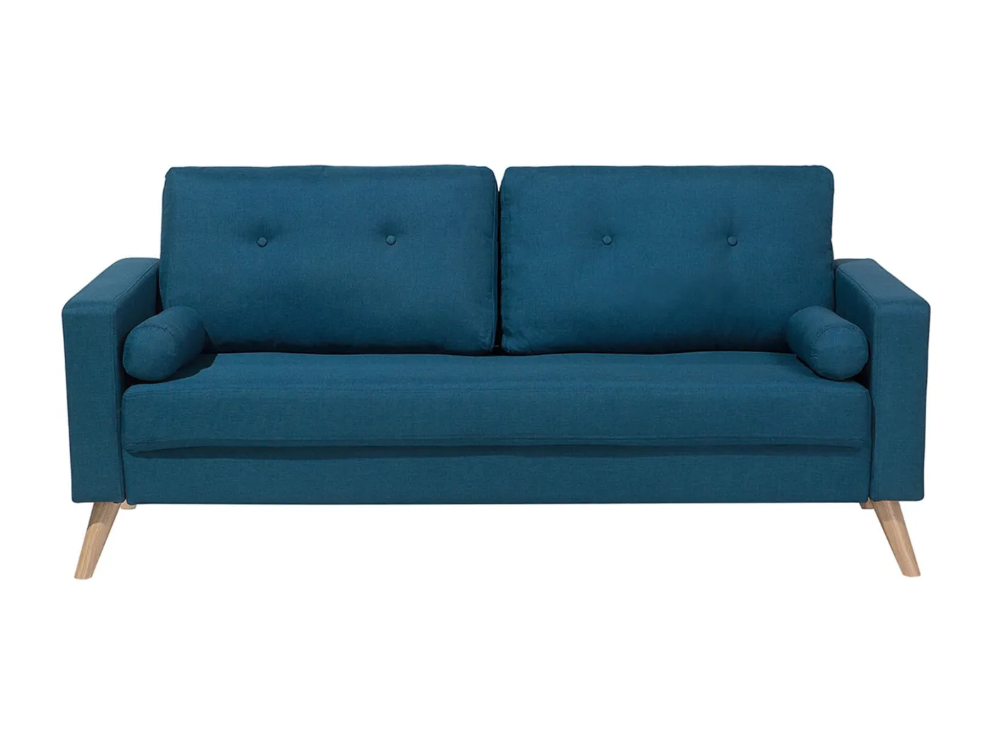 2-Sitzer Sofa Stoffbezug blau mit 2 Kissen Knopfheftung helle Holzbeine Kalmar