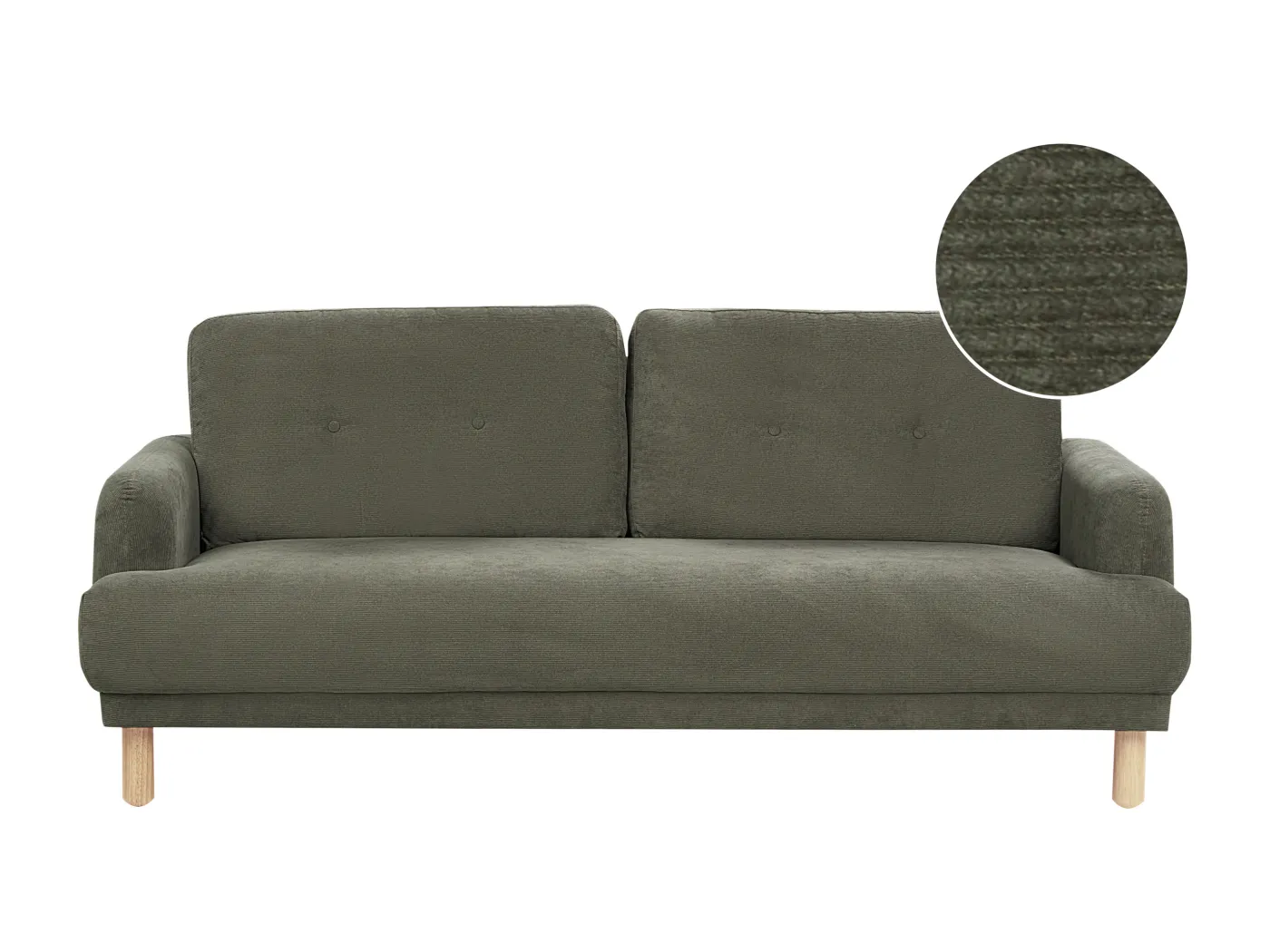 3-Sitzer Sofa Cord grün mit hohen Holzbeinen Armlehnen Knöpfe Retro Stil Tuve