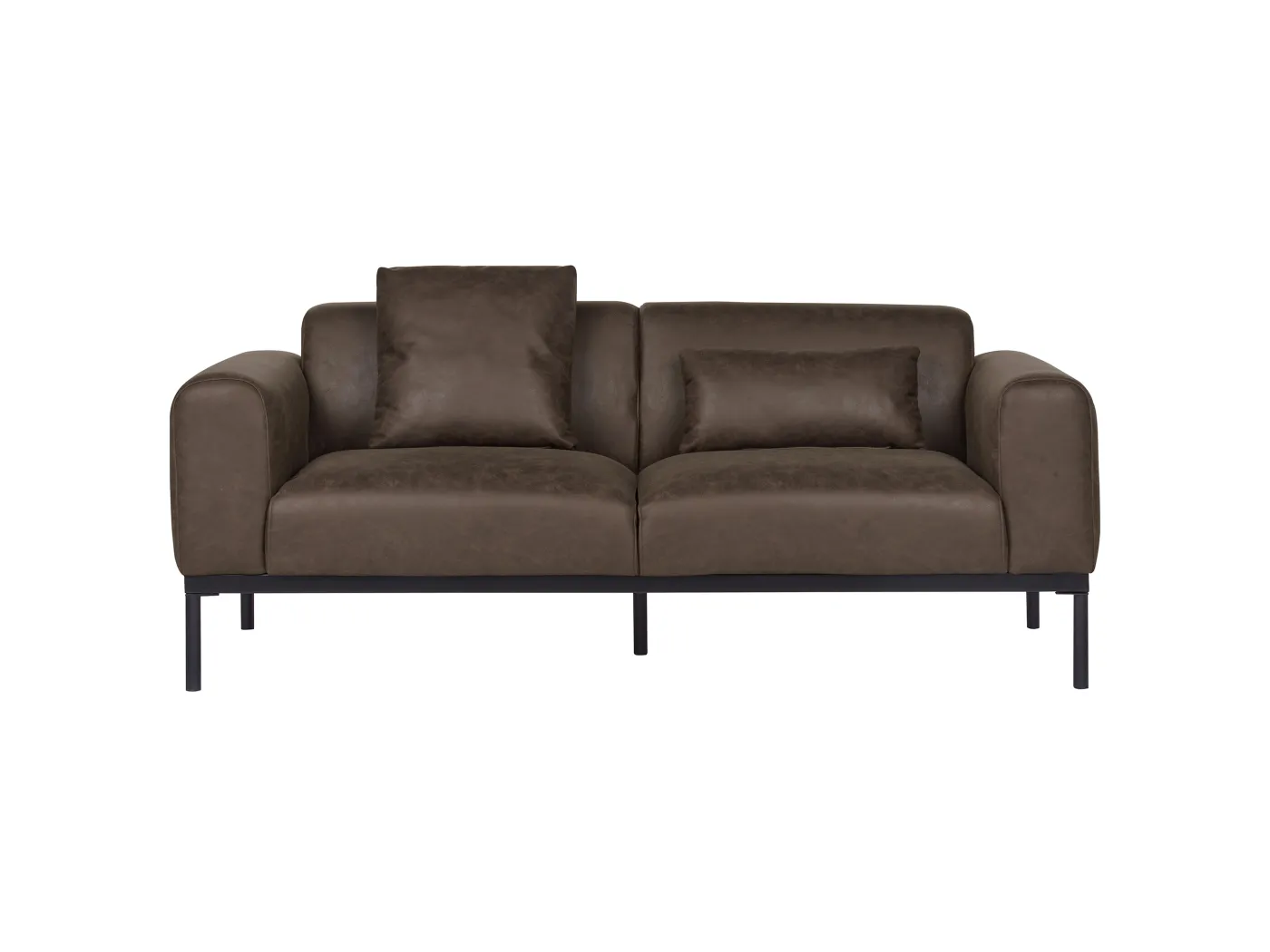 2-Sitzer Sofa Kunstleder dunkelbraun breite Armlehnen schwarze Metallfüße Malmos