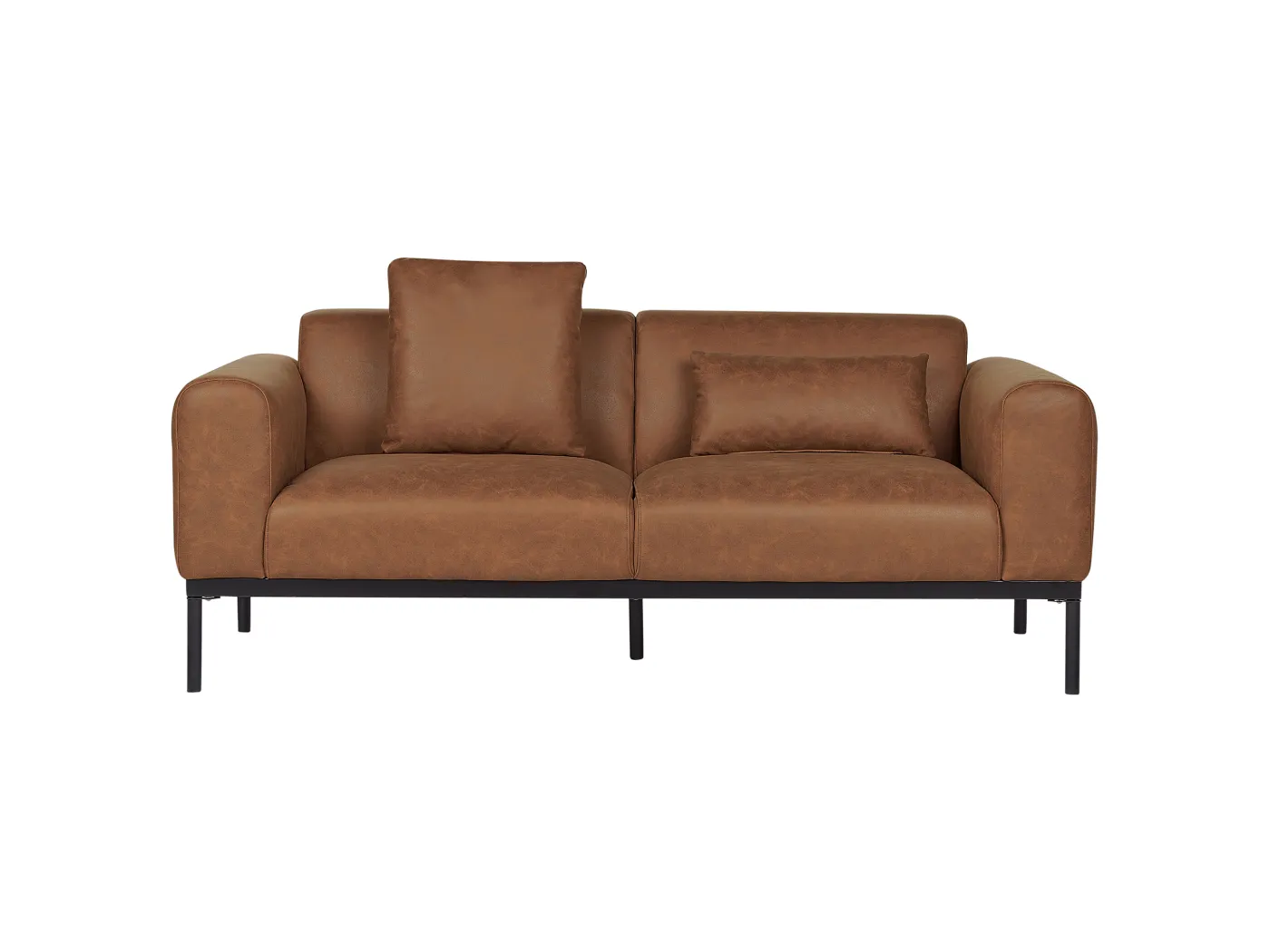 2-Sitzer Sofa Kunstleder braun mit breiten Armlehnen schwarze Metallfüße Malmos