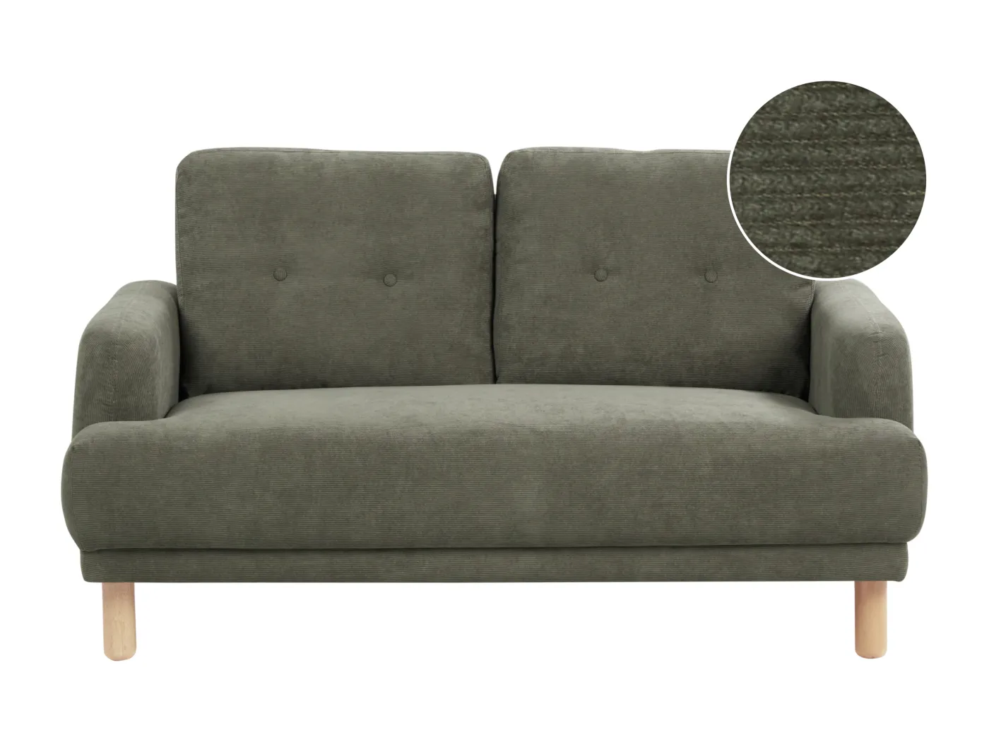 2-Sitzer Sofa Cord grün mit hohen Holzbeinen Armlehnen Knöpfe Retro Stil Tuve