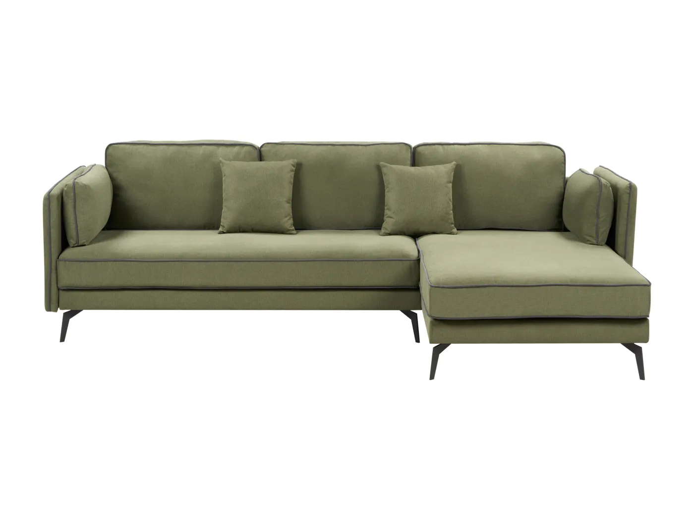 3-Sitzer Ecksofa Stoff grün linksseitig mit schwarzen Metallfüßen Kissen Altan