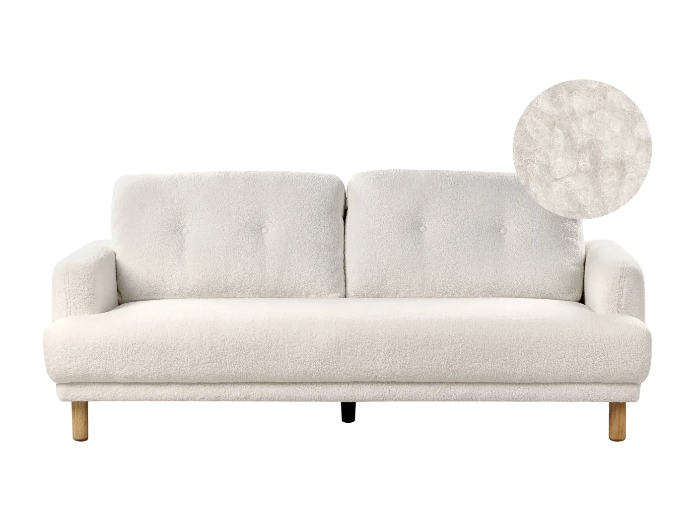 3-Sitzer Sofa Bouclé weiß mit hohen Holzbeinen Armlehnen Knöpfe Retro Stil Tuve