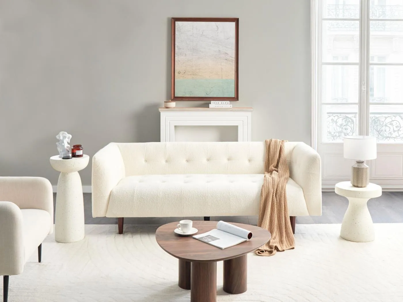 Sofa BYSKE Bouclé Cremeweiss 3-Sitzer