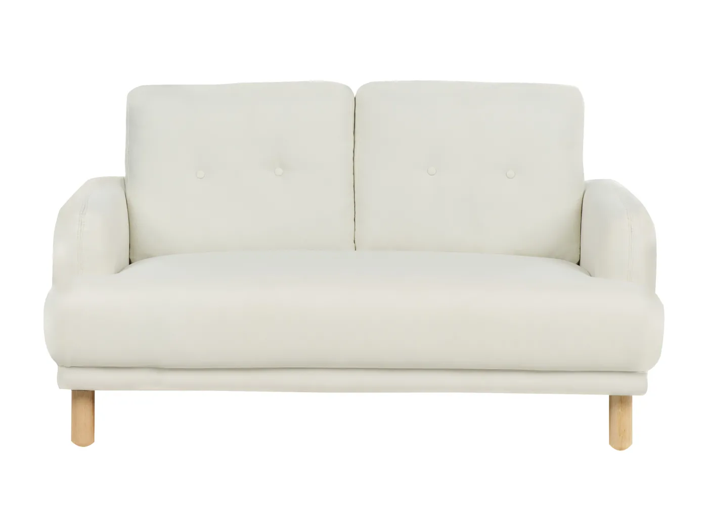 2-Sitzer Sofa Stoff weiß mit hohen Holzbeinen Armlehnen Knöpfe Retro Stil Tuve