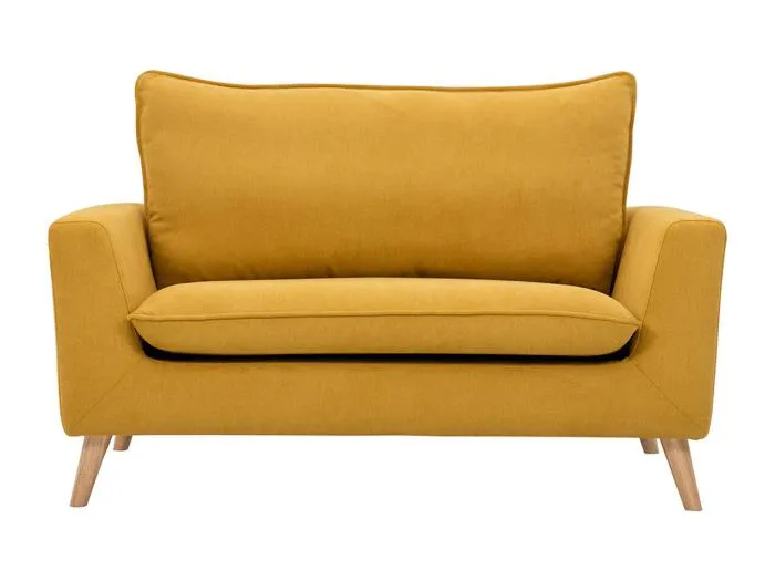 Skandinavisches Sofa aus senfgelbem Stoff mit Samteffekt und hellem Holz 2-Sitzer JONAS