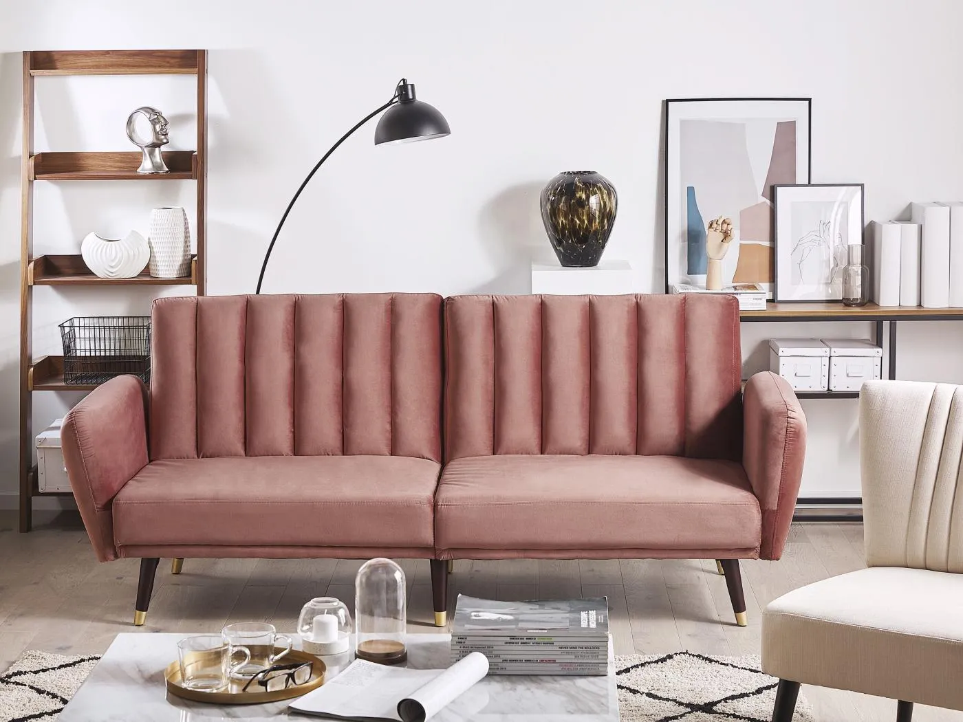 3-Sitzer Schlafsofa aus Samtstoff in Rosa Glamour Stil Vimmerby