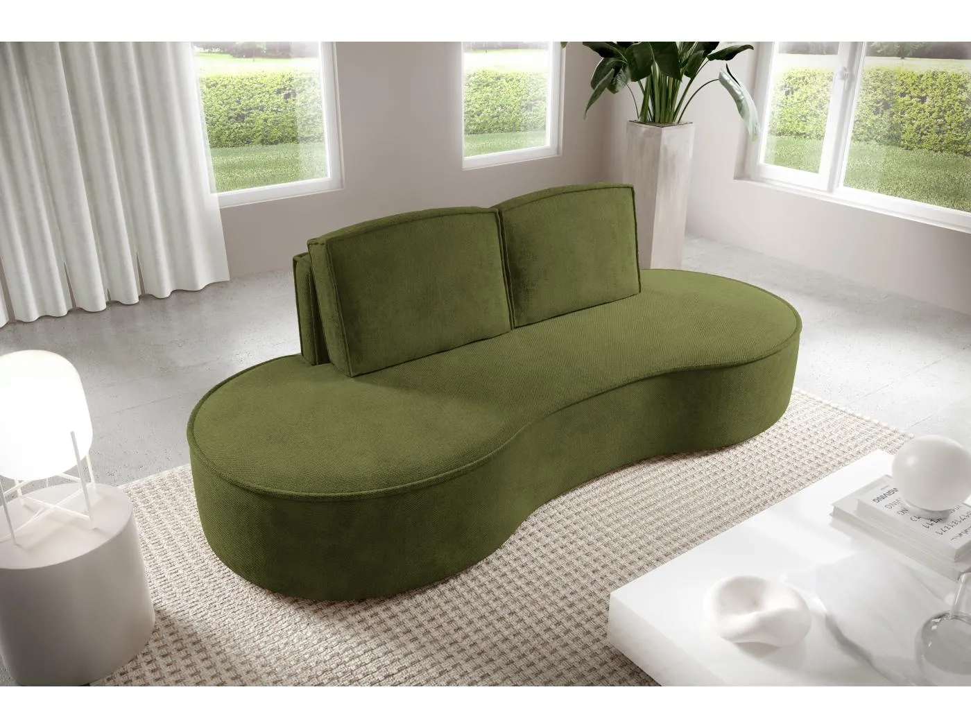 Sofa Molly – Freistehendes Halbrunde Ausführung Designsofa mit zwei eleganten abnehmbaren RückenKissen Curio Stoff Größe: 234x101x88 cm Farbe: Grün