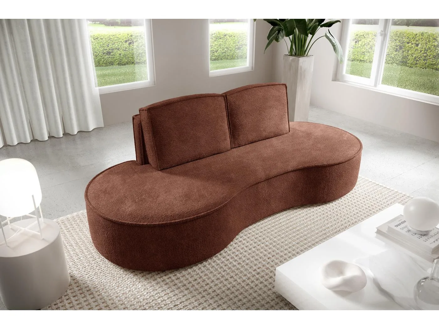 Sofa Molly – Freistehendes Halbrunde Ausführung Designsofa mit zwei eleganten abnehmbaren RückenKissen Abriamo Stoff Größe: 234x101x88 cm Farbe: Braun
