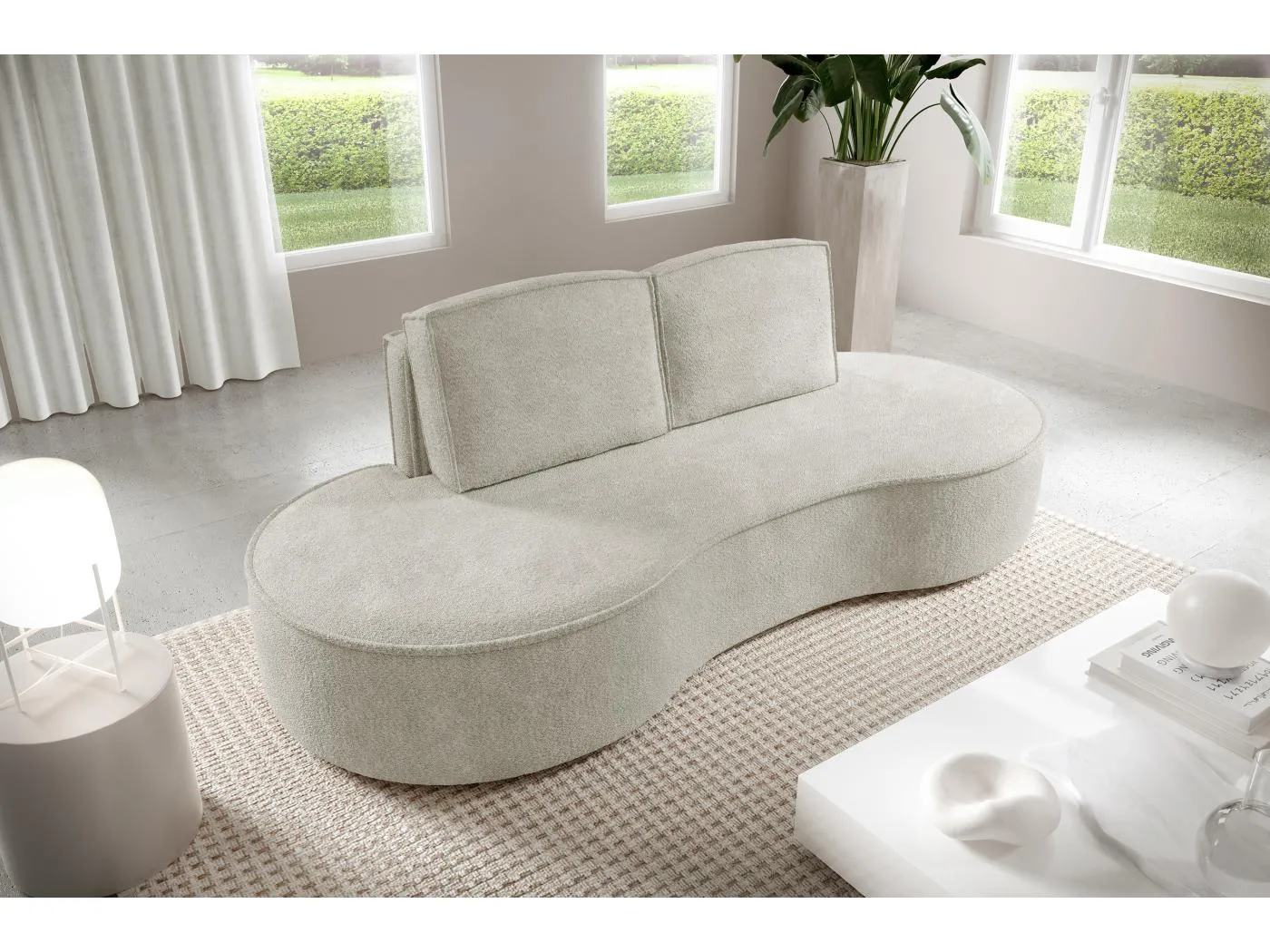 Sofa Molly – Freistehendes Halbrunde Ausführung Designsofa mit zwei eleganten abnehmbaren RückenKissen Abriamo Stoff Größe: 234x101x88 cm Farbe: Weiß