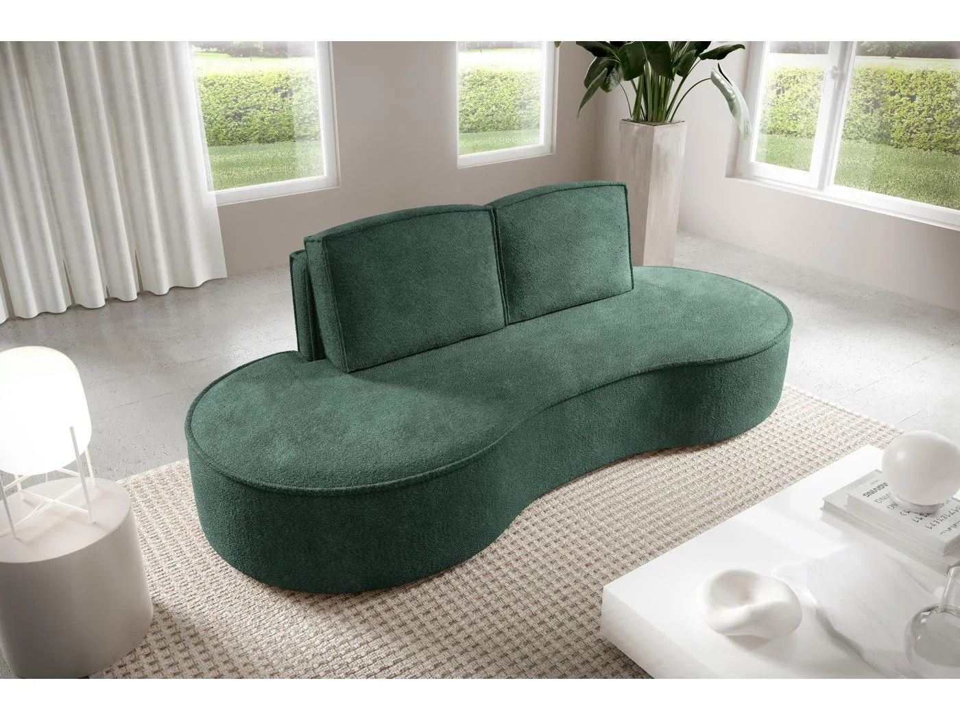 Sofa Molly – Freistehendes Halbrunde Ausführung Designsofa mit zwei eleganten abnehmbaren RückenKissen Abriamo Stoff Größe: 234x101x88 cm Farbe: Grün