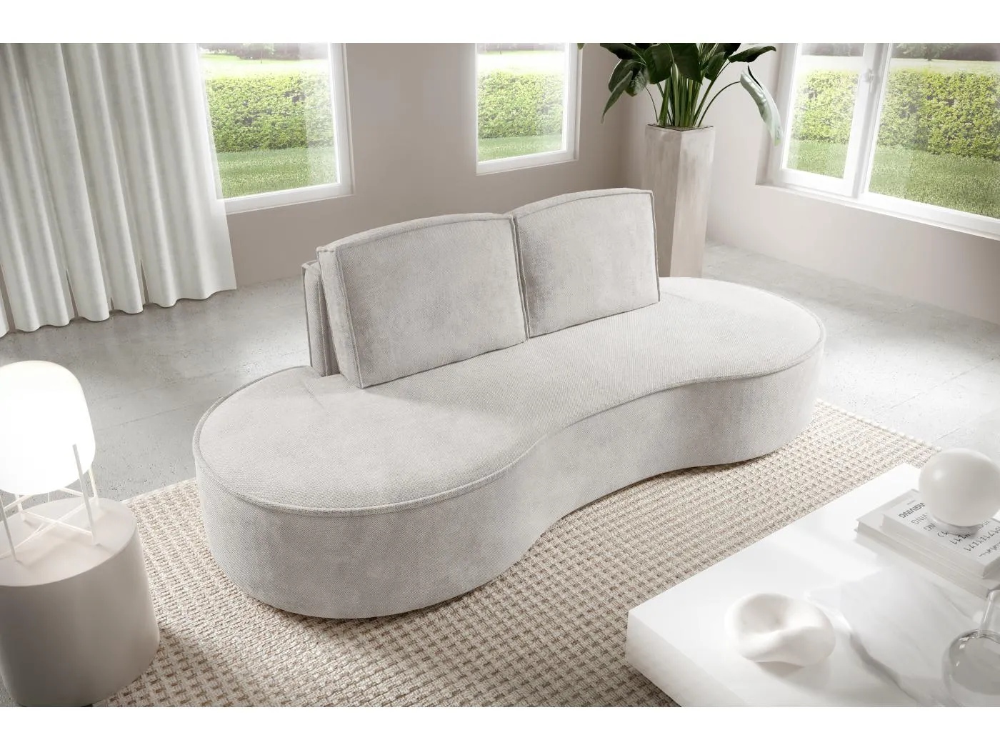 Sofa Molly – Freistehendes Halbrunde Ausführung Designsofa mit zwei eleganten abnehmbaren RückenKissen Curio Stoff Größe: 234x101x88 cm Farbe: Weiß