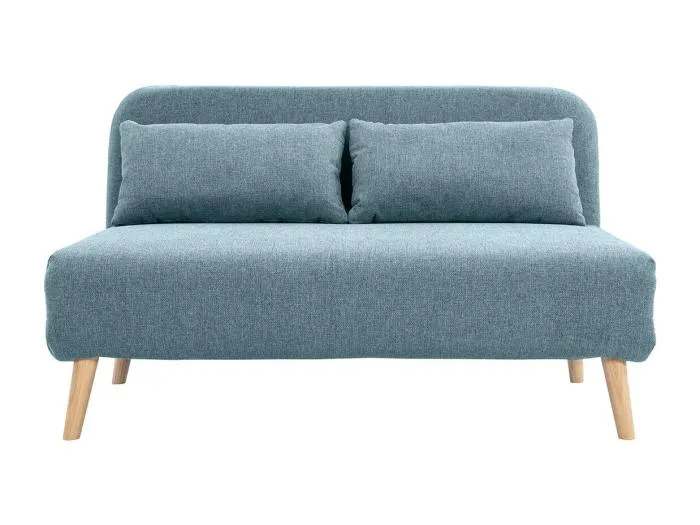 Zweisitzer-Schlafsofa aus graugrünem Stoff und hellem Holz AMIKO