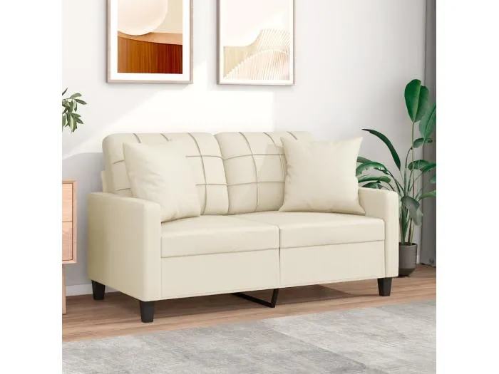 2-Sitzer-Sofa mit Zierkissen Creme 120 cm Kunstleder