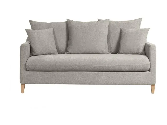 Skandinavisches Schlafsofa aus taupefarbenem Stoff mit Samteffekt und hellem Holz 3-Sitzer LOUISE