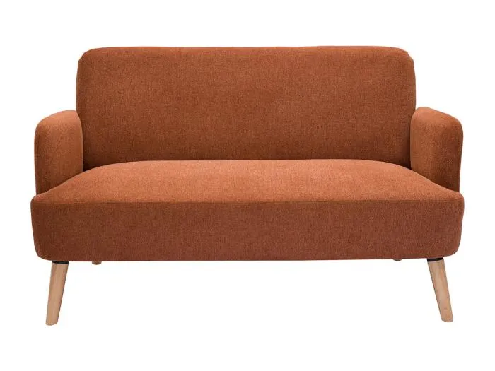 Skandinavisches Sofa aus rostbraunem Stoff mit Samteffekt und hellem Holz 2-Sitzer ISKO