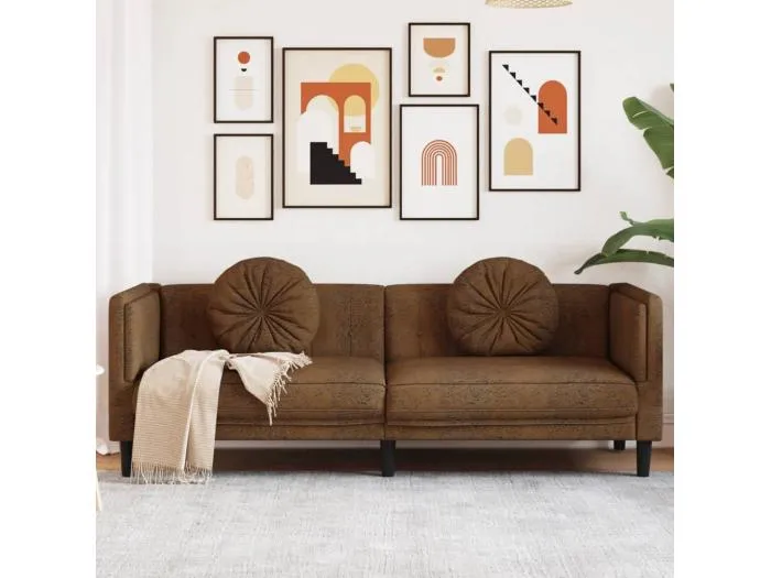 3-Sitzer Sofa mit Kissen Braun Kunstleder Wildleder-Optik
