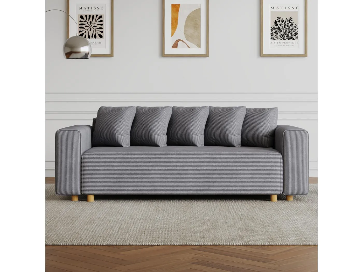 Schlafsofa mit 3 Plätzen aus grauem Cordstoff - Zeitgemäßer Stil, Bequem und Praktisch
