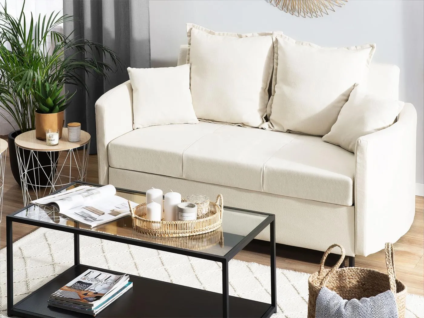2-Sitzer Sofa mit Schlaffunktion Stoff beige creme Dekokissen Schlafsofa Hovin