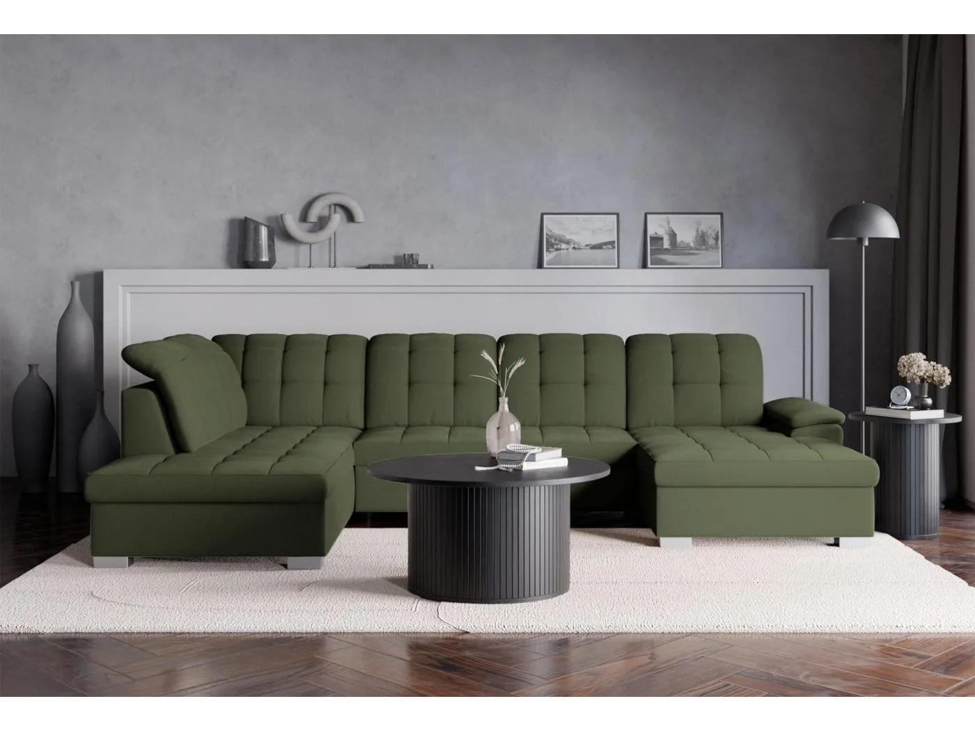 Wohnlandschaft - Schlaffunktion und Stauraum - rechtsseitig - khaki - JAMAAL