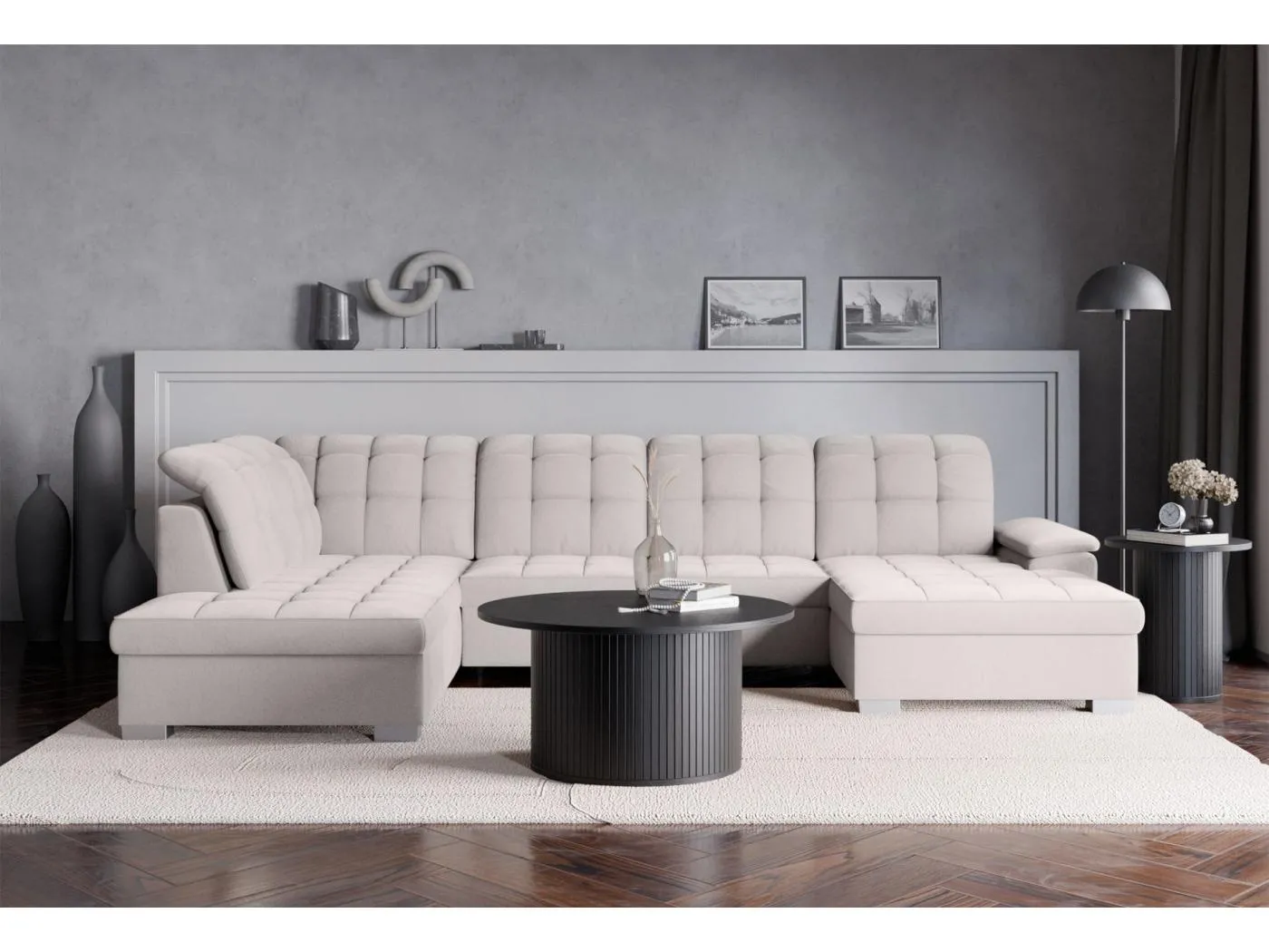 Wohnlandschaft - Schlaffunktion und Veloursbezug - rechts - hellgrau - JAMAAL