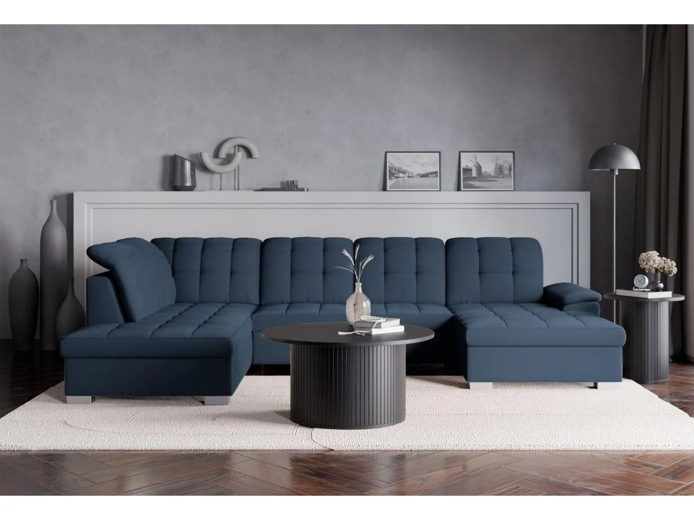 Wohnlandschaft - Schlaffunktion und Stauraum - rechtsseitig - marineblau - JAMAAL