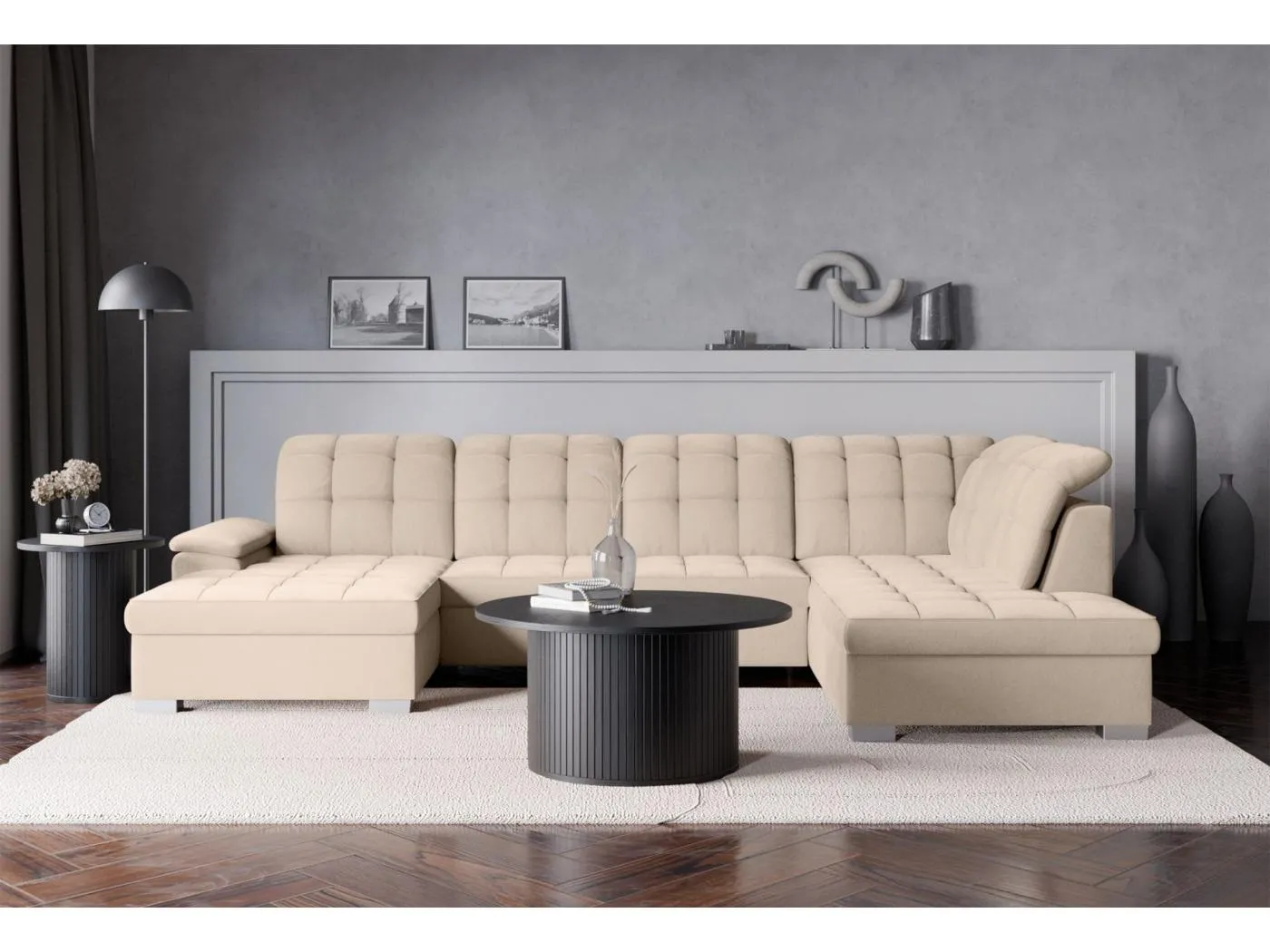 Wohnlandschaft - Schlaffunktion und Veloursbezug - links - beige - JAMAAL