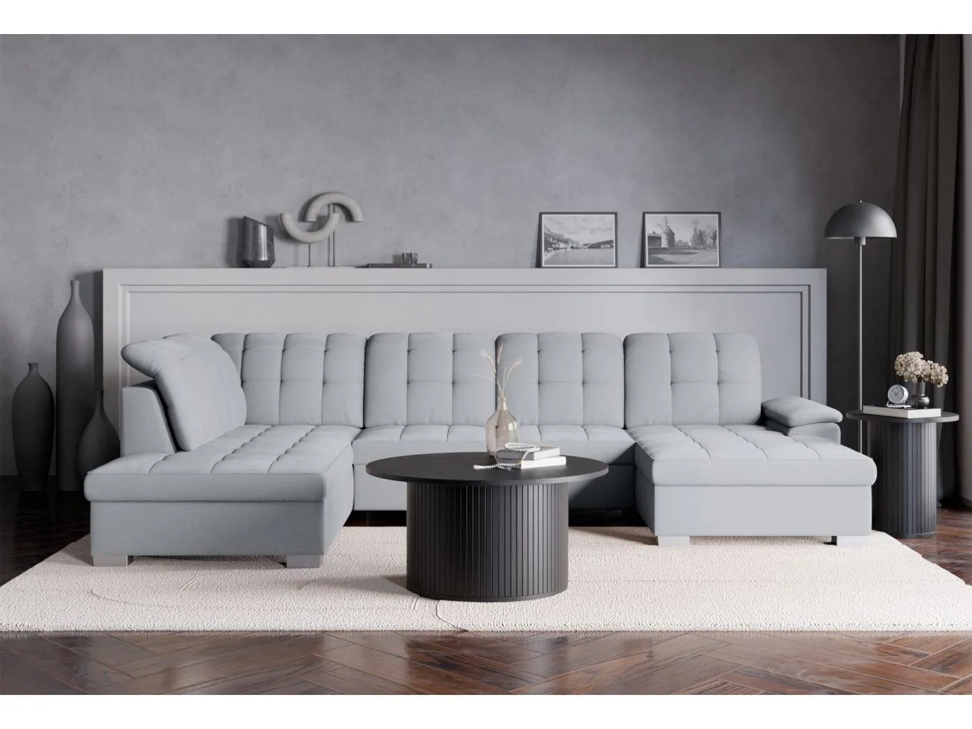 Wohnlandschaft - Schlaffunktion und Stauraum - rechtsseitig - hellgrau - JAMAAL