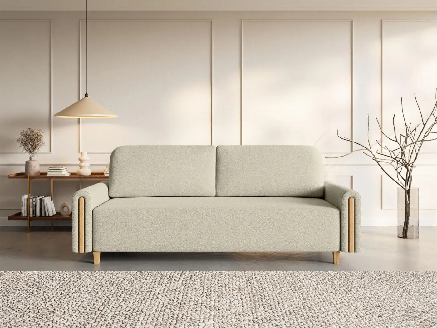 3-Sitzer Schlafsofa - mit Bouclé-Stoff - Bettkasten - Hellbeige - MAJLA