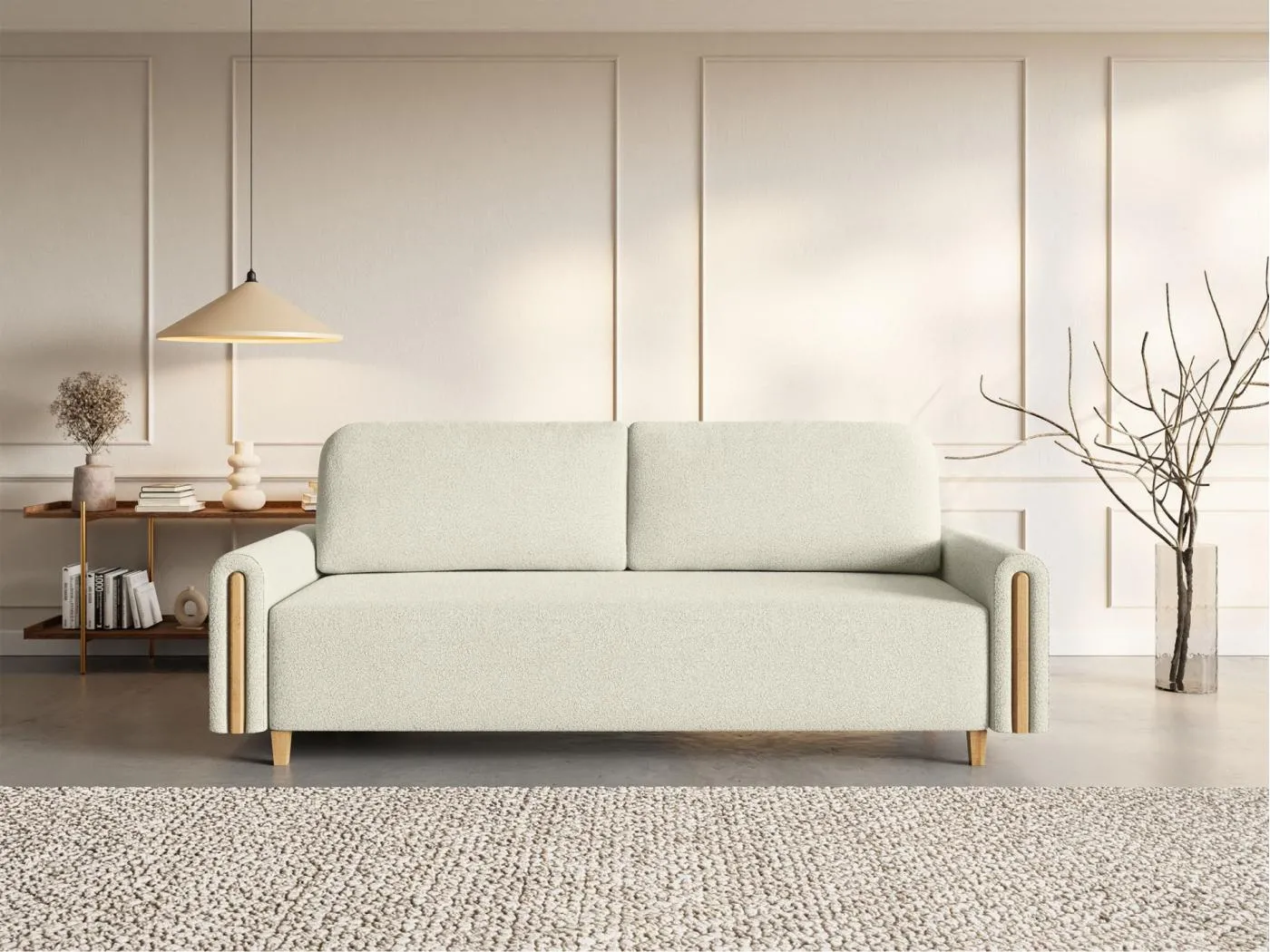 3-Sitzer Schlafsofa - mit Bouclé-Stoff - Bettkasten - Creme - MAJLA