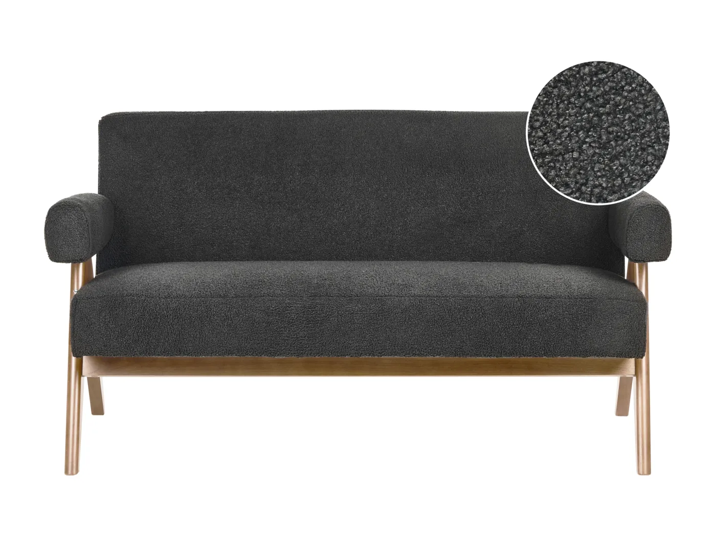 2-Sitzer Sofa Bouclé schwarz mit Armlehnen Holzbeinen dunkelbraun Retro Tamre