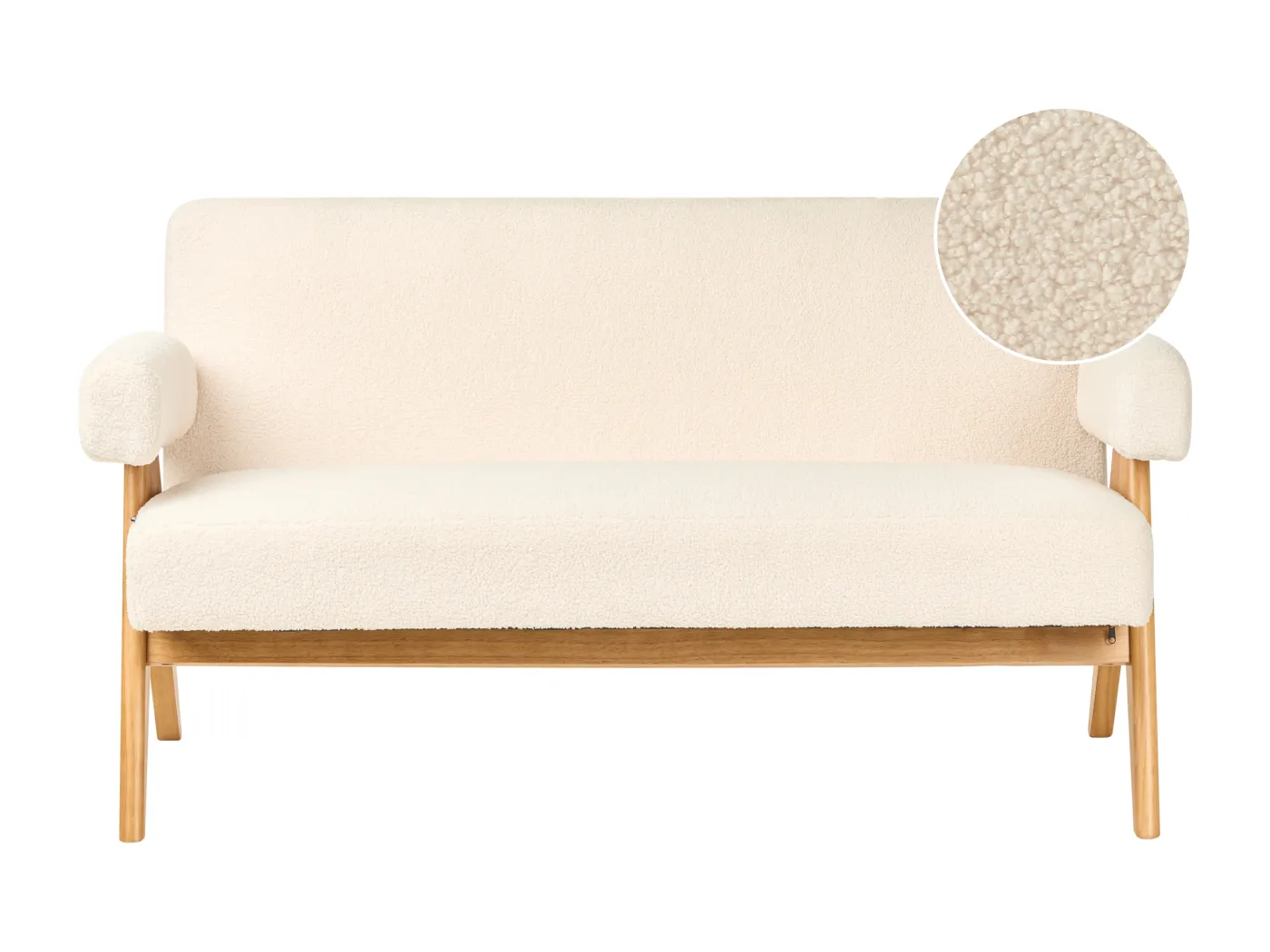 2-Sitzer Sofa Bouclé cremeweiß mit Armlehnen Holzbeinen hellbraun Retro Tamre