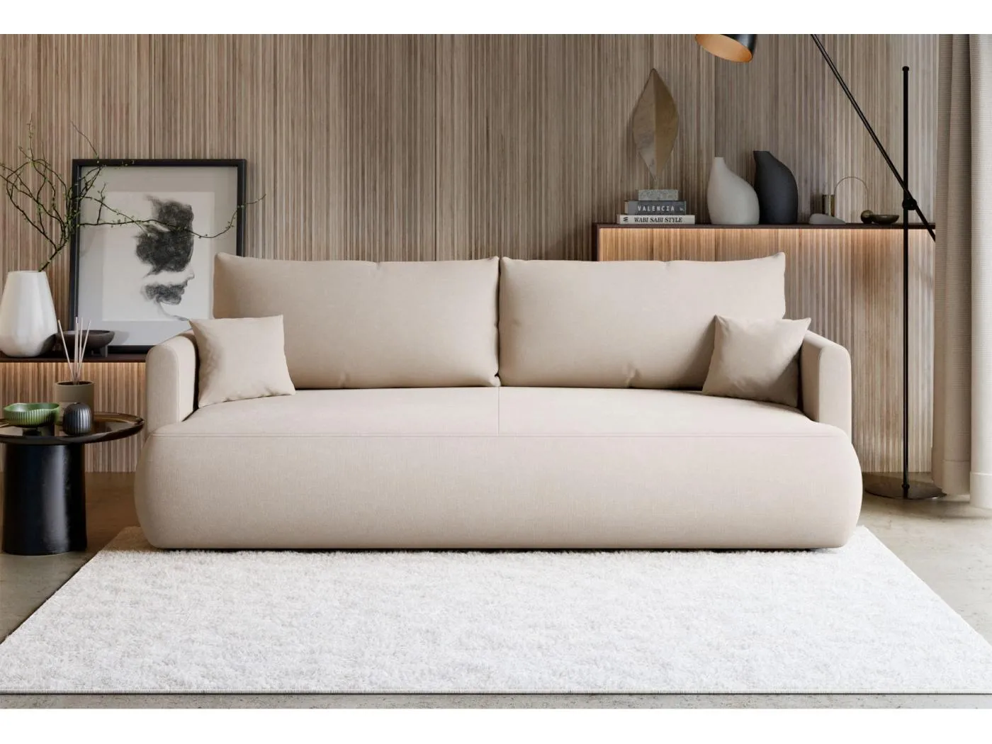 3-Sitzer Schlafsofa mit Bettkasten, Chenille Easy-Clean, creme - OVO MINI