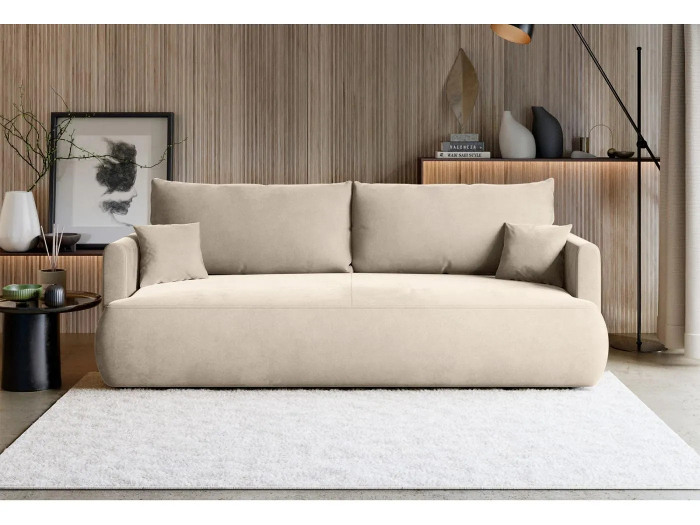 3-Sitzer Schlafsofa mit Bettkasten, Velours Easy-Clean, hellbeige - OVO MINI