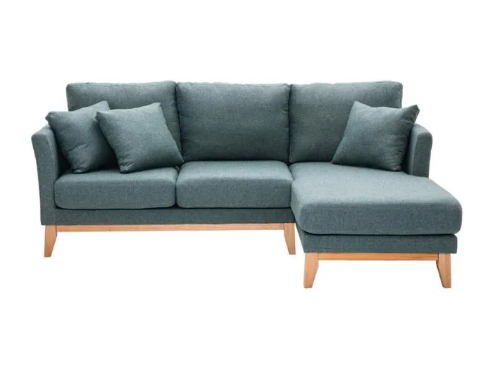 Skandinavisches 4-Sitzer-Ecksofa rechtsseitig mit abziehbarem, graugrünem Stoff und hellem Holz OSLO