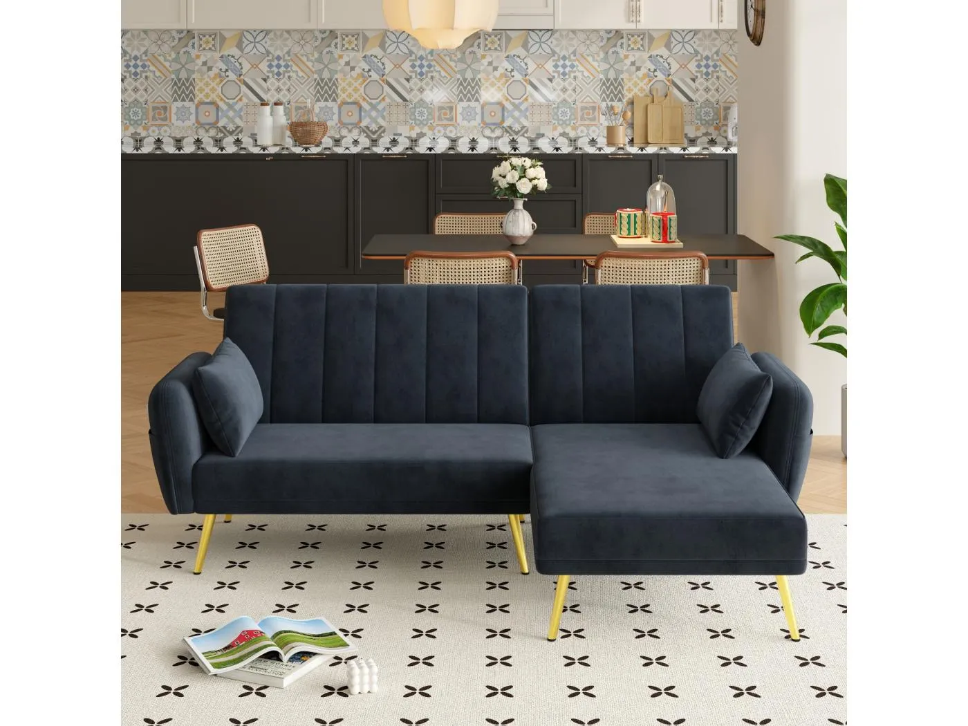 Modernes Schlafsofa, L-förmiges Sofa mit zusätzlicher Ecke und Schlaffunktion, schwarz