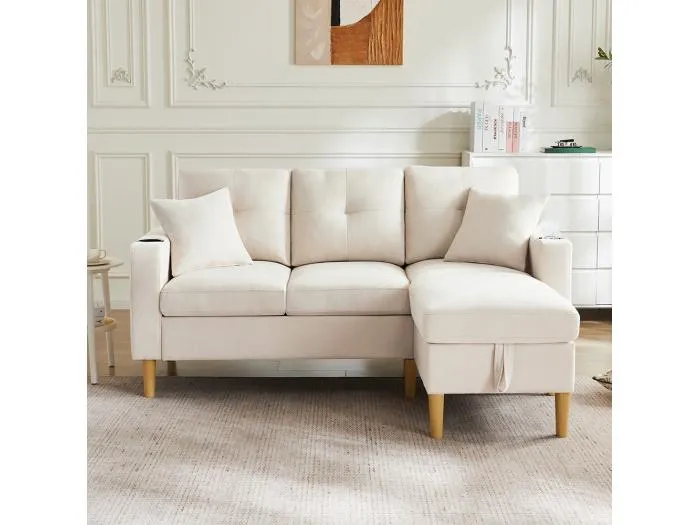 Dreisitziges L-förmiges Sofa mit Chaiselongue, Stauraumfach, integrierten Getränkehaltern und zwei Kissen inklusive, beige